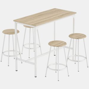 HOMCOM Conjunto de Móveis Altos Mesa e Cadeiras de Bar com 5 Peças Mesa de Refeição Industrial e 4 Bancos Redondos com Estrutura de Metal para Pub Sala de Jantar Madeira e Branco