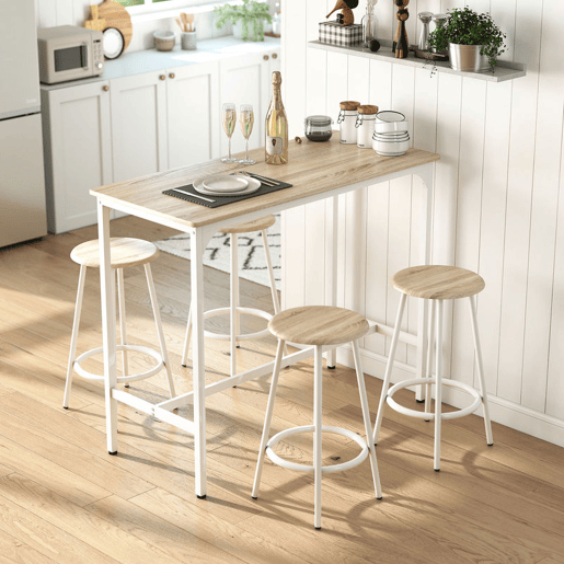 HOMCOM Conjunto de Móveis Altos Mesa e Cadeiras de Bar com 5 Peças Mesa de Refeição Industrial e 4 Bancos Redondos com Estrutura de Metal para Pub Sala de Jantar Madeira e Branco