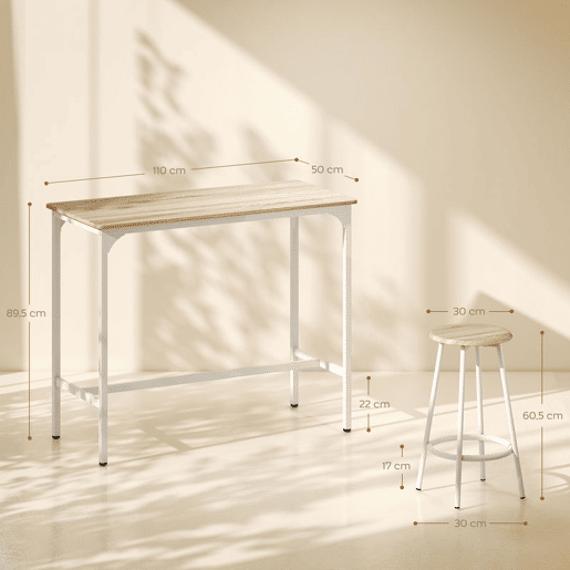 HOMCOM Conjunto de Móveis Altos Mesa e Cadeiras de Bar com 5 Peças Mesa de Refeição Industrial e 4 Bancos Redondos com Estrutura de Metal para Pub Sala de Jantar Madeira e Branco