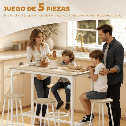 HOMCOM Conjunto de Móveis Altos Mesa e Cadeiras de Bar com 5 Peças Mesa de Refeição Industrial e 4 Bancos Redondos com Estrutura de Metal para Pub Sala de Jantar Madeira e Branco