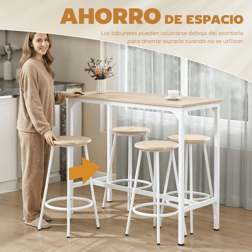 HOMCOM Conjunto de Móveis Altos Mesa e Cadeiras de Bar com 5 Peças Mesa de Refeição Industrial e 4 Bancos Redondos com Estrutura de Metal para Pub Sala de Jantar Madeira e Branco