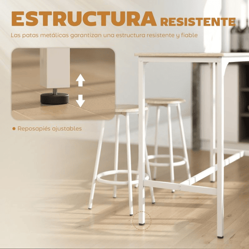HOMCOM Conjunto de Móveis Altos Mesa e Cadeiras de Bar com 5 Peças Mesa de Refeição Industrial e 4 Bancos Redondos com Estrutura de Metal para Pub Sala de Jantar Madeira e Branco