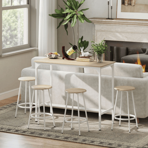 HOMCOM Conjunto de Móveis Altos Mesa e Cadeiras de Bar com 5 Peças Mesa de Refeição Industrial e 4 Bancos Redondos com Estrutura de Metal para Pub Sala de Jantar Madeira e Branco