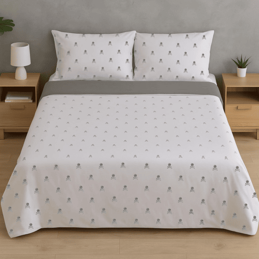 Cama definida (estojo nórdico 260x240cm + 2 tampas travesseiros 50x105cm) 100% de algodão cinza escuro e caveras cinza claro cambistas