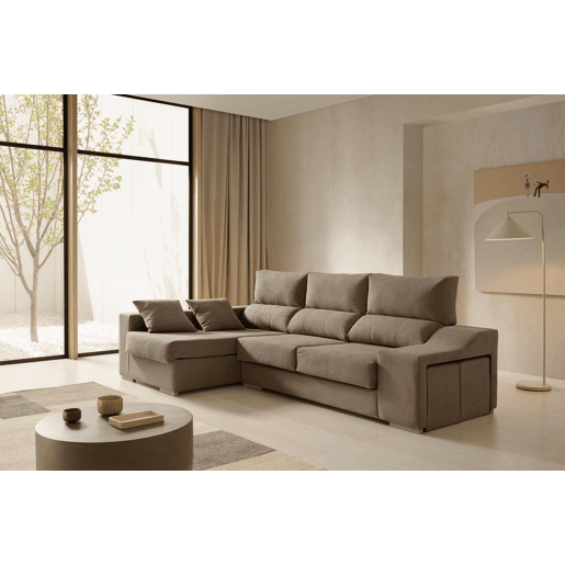 Sofá chaise longue Amethyst 225 marrom com pufes e espaço para armazenamento.
