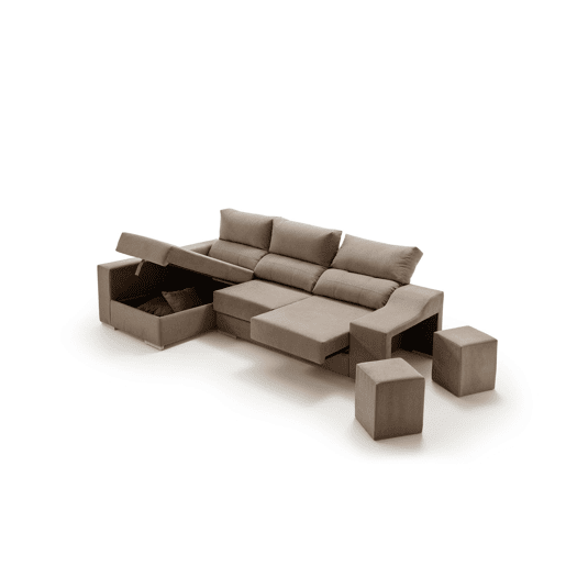 Sofá chaise longue Amethyst 225 marrom com pufes e espaço para armazenamento.