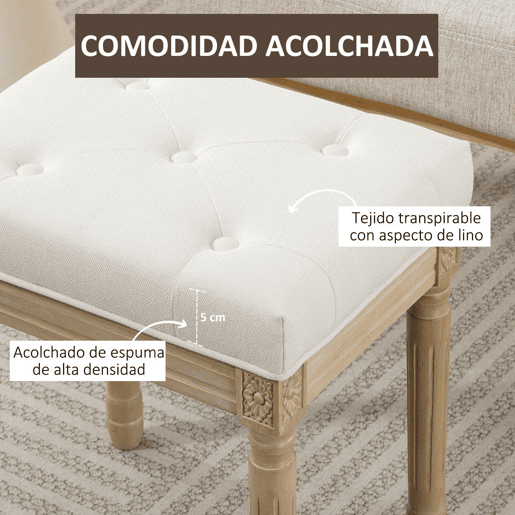HOMCOM Banco para Sala de Estar Estilo Rústico Banco Baixo Estofado em Linho Sintético com Pernas Esculpidas em Madeira Otomana 42x32x46,5 cm Bege