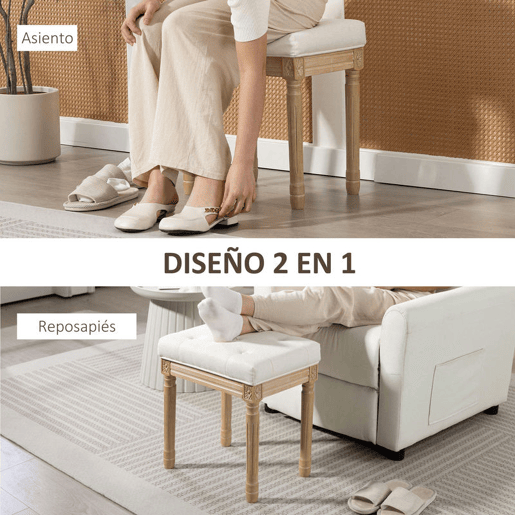 HOMCOM Banco para Sala de Estar Estilo Rústico Banco Baixo Estofado em Linho Sintético com Pernas Esculpidas em Madeira Otomana 42x32x46,5 cm Bege