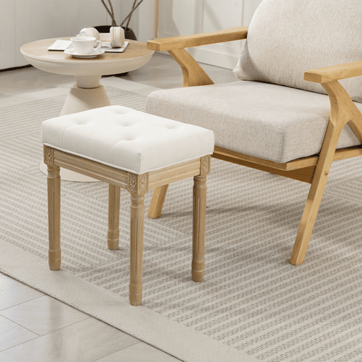 HOMCOM Banco para Sala de Estar Estilo Rústico Banco Baixo Estofado em Linho Sintético com Pernas Esculpidas em Madeira Otomana 42x32x46,5 cm Bege