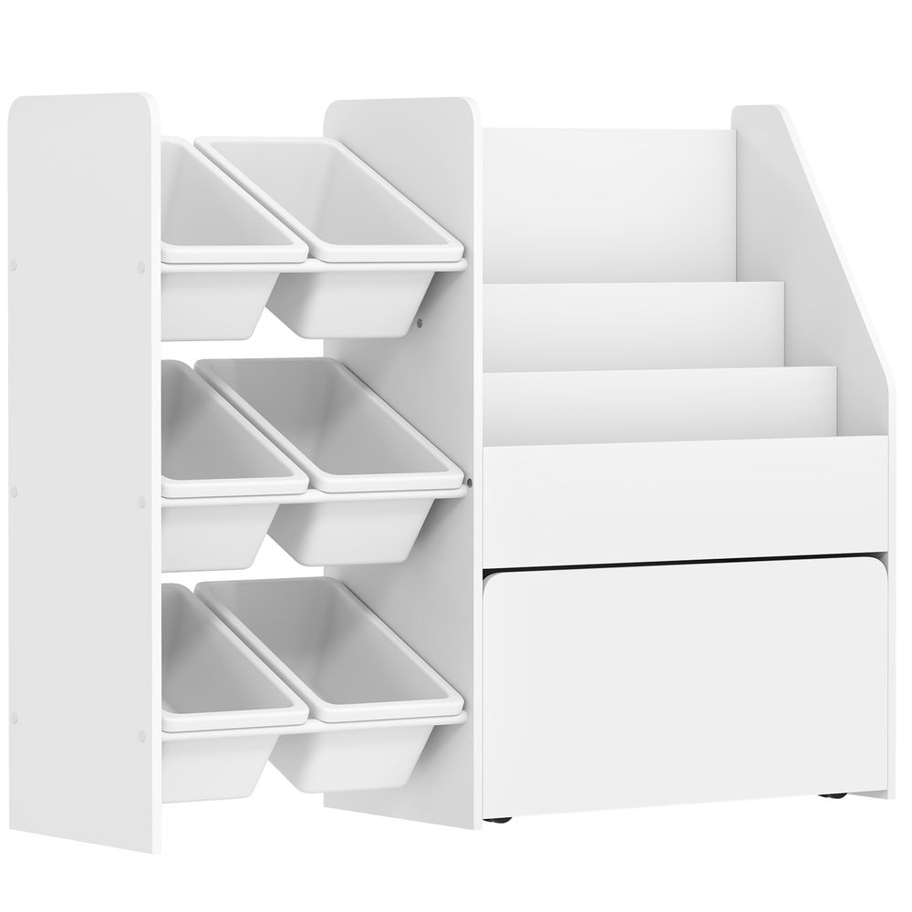 Aiyaplay estantería infantil para juguetes, con 6 cajas extraíbles, 3 estantes abiertos y cajón inferior con ruedas, organizador de juguetes para dormitorio, sala de juegos, guardería, blanco