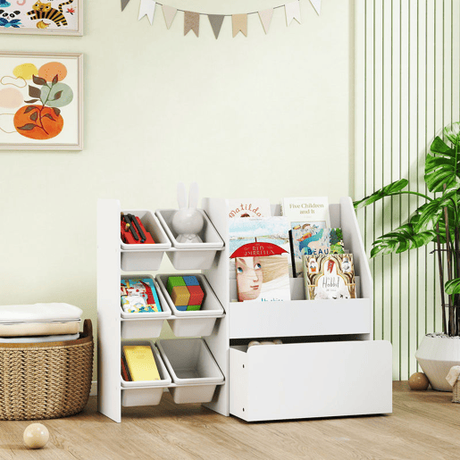 AIYAPLAY Estante Infantil para Brinquedos com 6 Caixas Removíveis 3 Prateleiras Abertas e Gaveta Inferior com Rodas Organizador para Quarto Sala de Jogos Escola Infantil 100x30x80 cm Branco