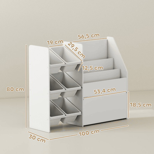 AIYAPLAY Estante Infantil para Brinquedos com 6 Caixas Removíveis 3 Prateleiras Abertas e Gaveta Inferior com Rodas Organizador para Quarto Sala de Jogos Escola Infantil 100x30x80 cm Branco