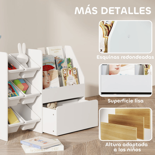 AIYAPLAY Estante Infantil para Brinquedos com 6 Caixas Removíveis 3 Prateleiras Abertas e Gaveta Inferior com Rodas Organizador para Quarto Sala de Jogos Escola Infantil 100x30x80 cm Branco