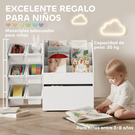AIYAPLAY Estante Infantil para Brinquedos com 6 Caixas Removíveis 3 Prateleiras Abertas e Gaveta Inferior com Rodas Organizador para Quarto Sala de Jogos Escola Infantil 100x30x80 cm Branco