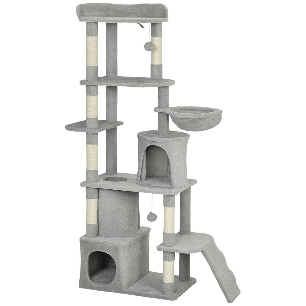 Pawhut árbol rascador para gatos grande, árbol para gatos, altura 170 cm, torre de escalada con 7 postes, 1 túnel, 3 plataformas, 2 cuevas, 1 hamaca,
