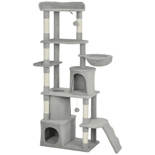 PawHut Arranhador para Gatos Grande Altura 170 cm Torre de Escalada com 7 Postes 1 Túnel 3 Plataformas 2 Cavernas 1 Rede 1 Poleiro 1 Rampa Pompons Cinzento Claro
