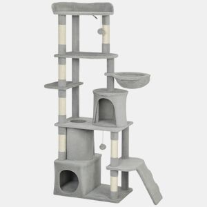 PawHut Arranhador para Gatos Grande Altura 170 cm Torre de Escalada com 7 Postes 1 Túnel 3 Plataformas 2 Cavernas 1 Rede 1 Poleiro 1 Rampa Pompons Cinzento Claro
