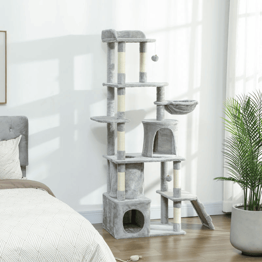 PawHut Arranhador para Gatos Grande Altura 170 cm Torre de Escalada com 7 Postes 1 Túnel 3 Plataformas 2 Cavernas 1 Rede 1 Poleiro 1 Rampa Pompons Cinzento Claro