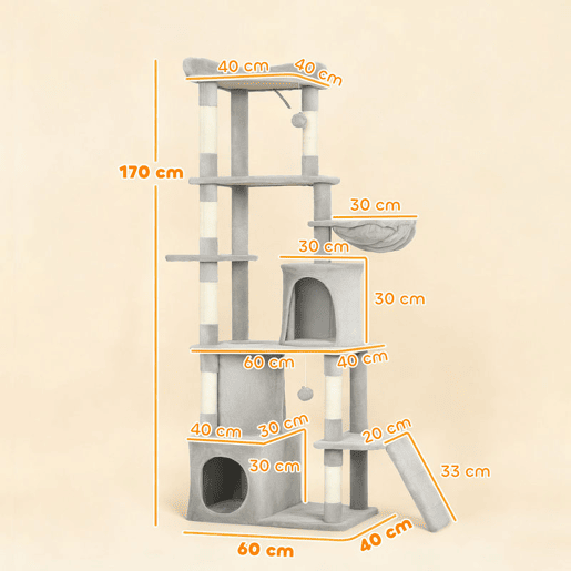 PawHut Arranhador para Gatos Grande Altura 170 cm Torre de Escalada com 7 Postes 1 Túnel 3 Plataformas 2 Cavernas 1 Rede 1 Poleiro 1 Rampa Pompons Cinzento Claro