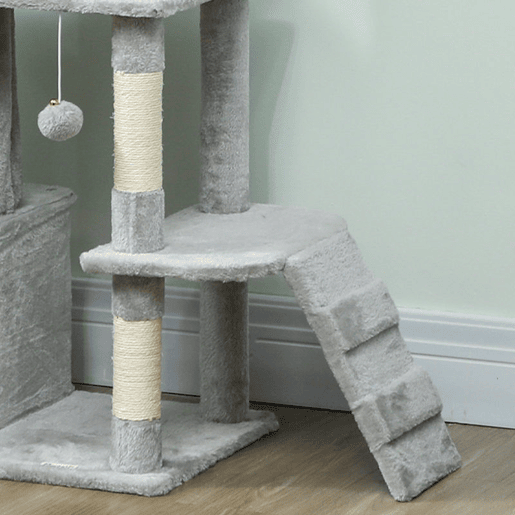 PawHut Arranhador para Gatos Grande Altura 170 cm Torre de Escalada com 7 Postes 1 Túnel 3 Plataformas 2 Cavernas 1 Rede 1 Poleiro 1 Rampa Pompons Cinzento Claro