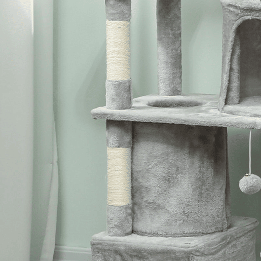 PawHut Arranhador para Gatos Grande Altura 170 cm Torre de Escalada com 7 Postes 1 Túnel 3 Plataformas 2 Cavernas 1 Rede 1 Poleiro 1 Rampa Pompons Cinzento Claro