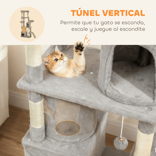 PawHut Arranhador para Gatos Grande Altura 170 cm Torre de Escalada com 7 Postes 1 Túnel 3 Plataformas 2 Cavernas 1 Rede 1 Poleiro 1 Rampa Pompons Cinzento Claro