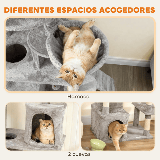 PawHut Arranhador para Gatos Grande Altura 170 cm Torre de Escalada com 7 Postes 1 Túnel 3 Plataformas 2 Cavernas 1 Rede 1 Poleiro 1 Rampa Pompons Cinzento Claro