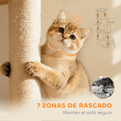 PawHut Arranhador para Gatos Grande Altura 170 cm Torre de Escalada com 7 Postes 1 Túnel 3 Plataformas 2 Cavernas 1 Rede 1 Poleiro 1 Rampa Pompons Cinzento Claro