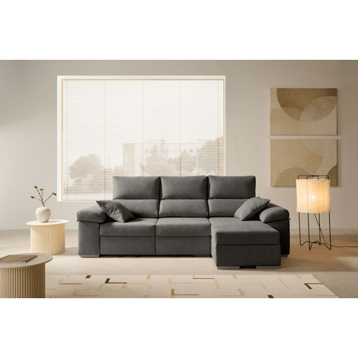 Sofá chaise longue Armonia Premium Marengo com braço esquerdo e espaço de armazenamento.