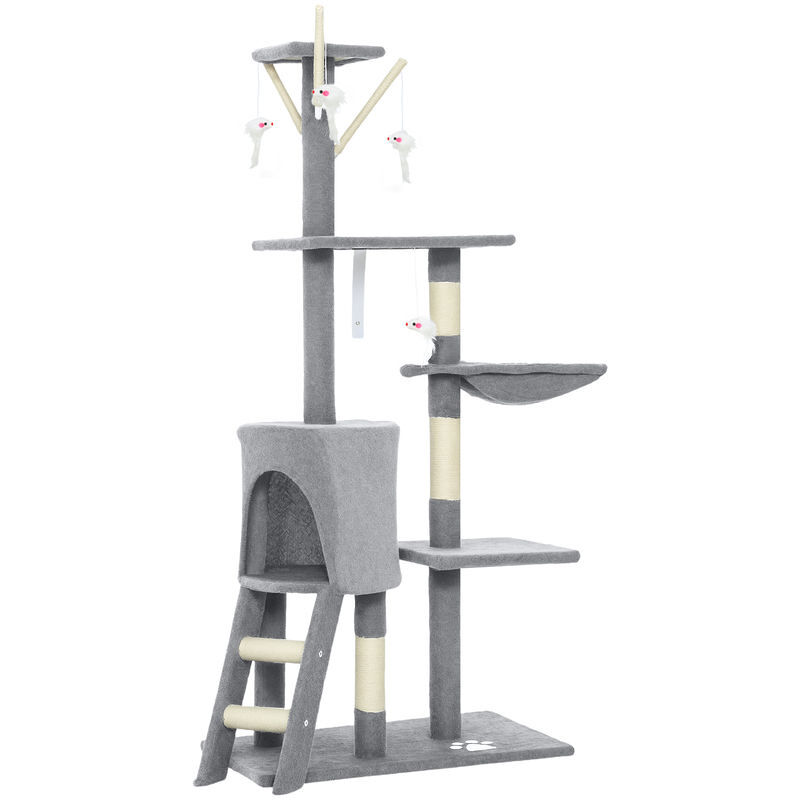 Pawhut árbol rascador para gatos grande, árbol para gatos, altura 134 cm, torre de escalada con 6 postes de sisal, 3 plataformas, 1 cueva, 1 hamaca, 1 escalera, 4 juguetes colgantes, gris