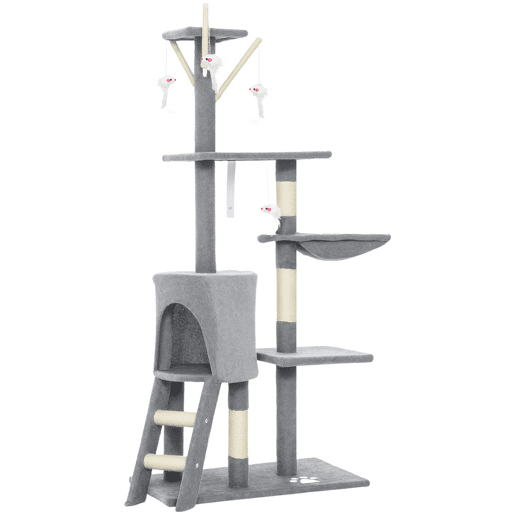 PawHut Arranhador para Gatos de 134 cm Torre para Gatos com Caverna Plataformas Rato de Brinquedo Rede e Postes de Sisal 60x35x134 cm Cinzento