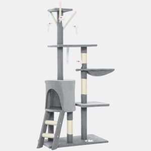 PawHut Arranhador para Gatos de 134 cm Torre para Gatos com Caverna Plataformas Rato de Brinquedo Rede e Postes de Sisal 60x35x134 cm Cinzento