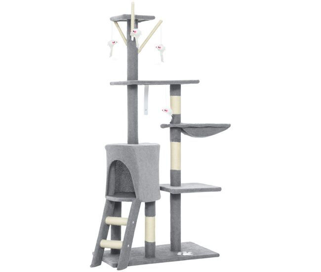 Pawhut árbol rascador para gatos grande, árbol para gatos, altura 134 cm, torre de escalada con 6 postes de sisal, 3 plataformas, 1 cueva, 1 hamaca, 1 escalera, 4 juguetes colgantes, gris