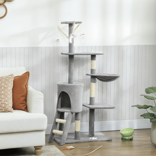PawHut Arranhador para Gatos de 134 cm Torre para Gatos com Caverna Plataformas Rato de Brinquedo Rede e Postes de Sisal 60x35x134 cm Cinzento