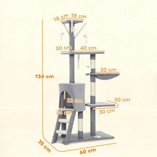 PawHut Arranhador para Gatos de 134 cm Torre para Gatos com Caverna Plataformas Rato de Brinquedo Rede e Postes de Sisal 60x35x134 cm Cinzento