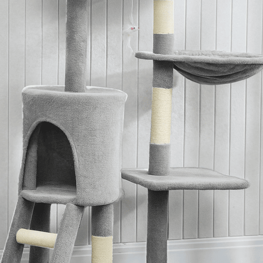 PawHut Arranhador para Gatos de 134 cm Torre para Gatos com Caverna Plataformas Rato de Brinquedo Rede e Postes de Sisal 60x35x134 cm Cinzento