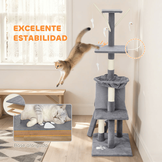 PawHut Arranhador para Gatos de 134 cm Torre para Gatos com Caverna Plataformas Rato de Brinquedo Rede e Postes de Sisal 60x35x134 cm Cinzento