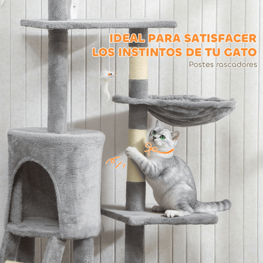 PawHut Arranhador para Gatos de 134 cm Torre para Gatos com Caverna Plataformas Rato de Brinquedo Rede e Postes de Sisal 60x35x134 cm Cinzento