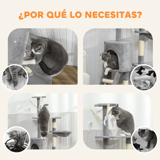 PawHut Arranhador para Gatos de 134 cm Torre para Gatos com Caverna Plataformas Rato de Brinquedo Rede e Postes de Sisal 60x35x134 cm Cinzento