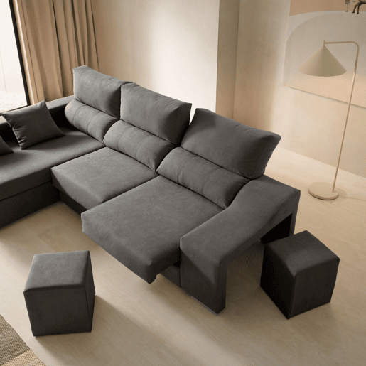 Sofá Amatista Plus 265 Marengo com chaise à esquerda, pufes e espaço de armazenamento.