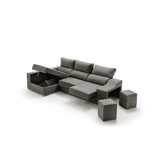 Sofá Amatista Plus 265 Marengo com chaise à esquerda, pufes e espaço de armazenamento.