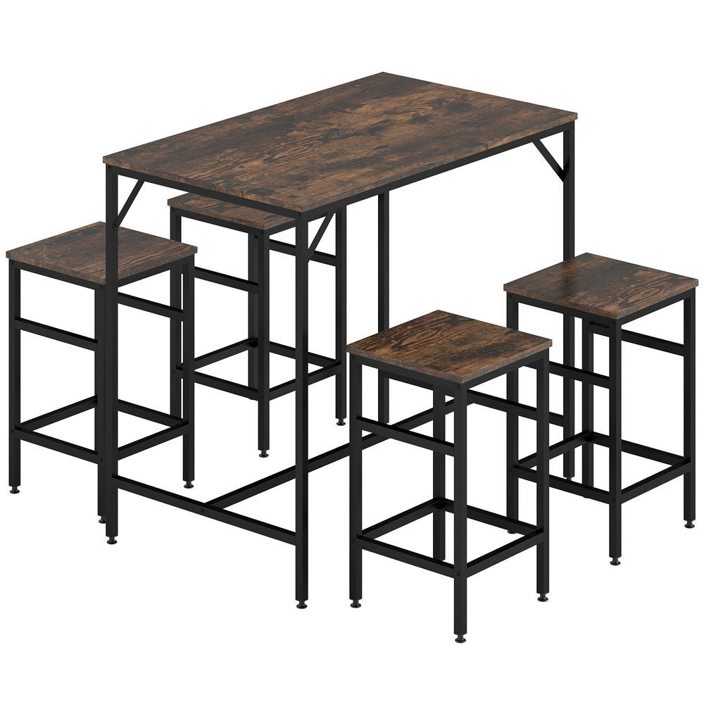 Homcom juego de mesa y taburetes de bar, mesa alta de cocina con 4 taburetes industrial, con reposapiés, ahorro de espacio, para espacios reducidos, comedor, salón, marrón rústico