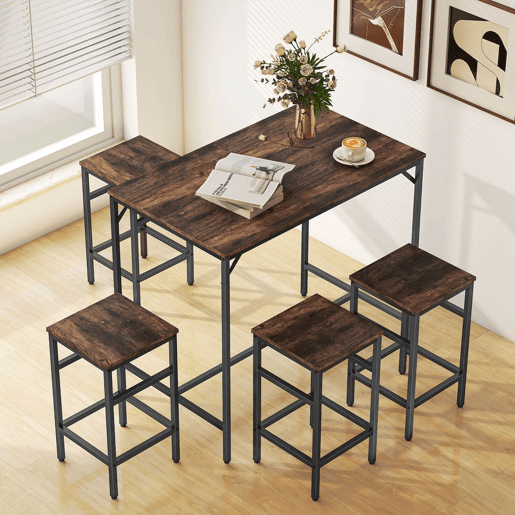 HOMCOM Conjunto de Mesa de Bar com 4 Bancos com Apoio para os Pés Conjunto de Móveis de 5 Peças Mesa de 100x60x88cm e Bancos de 32x32x57cm para Sala de Jantar Cozinha Preto e Nogueira