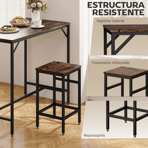 HOMCOM Conjunto de Mesa de Bar com 4 Bancos com Apoio para os Pés Conjunto de Móveis de 5 Peças Mesa de 100x60x88cm e Bancos de 32x32x57cm para Sala de Jantar Cozinha Preto e Nogueira