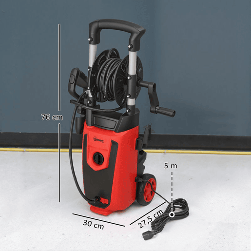 Outsunny Lavadora de Alta Pressão 1800W Pressão 150 Bar Caudal 420 Lh com Bomba de Alumínio Paragem Automática Mangueira de 6 m Inclui Garrafa de Espuma e Bocal Ajustável 30x27,5x76 cm Vermelho