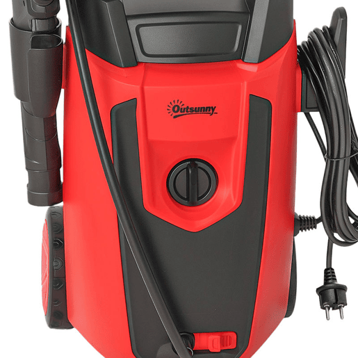 Outsunny Lavadora de Alta Pressão 1800W Pressão 150 Bar Caudal 420 Lh com Bomba de Alumínio Paragem Automática Mangueira de 6 m Inclui Garrafa de Espuma e Bocal Ajustável 30x27,5x76 cm Vermelho