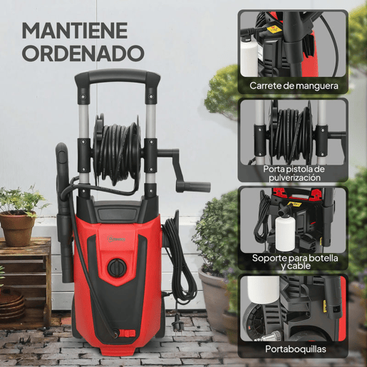 Outsunny Lavadora de Alta Pressão 1800W Pressão 150 Bar Caudal 420 Lh com Bomba de Alumínio Paragem Automática Mangueira de 6 m Inclui Garrafa de Espuma e Bocal Ajustável 30x27,5x76 cm Vermelho