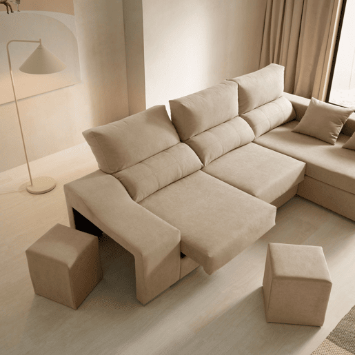 Sofá chaise longue Amethyst 225 bege com pufes e espaço de armazenamento.