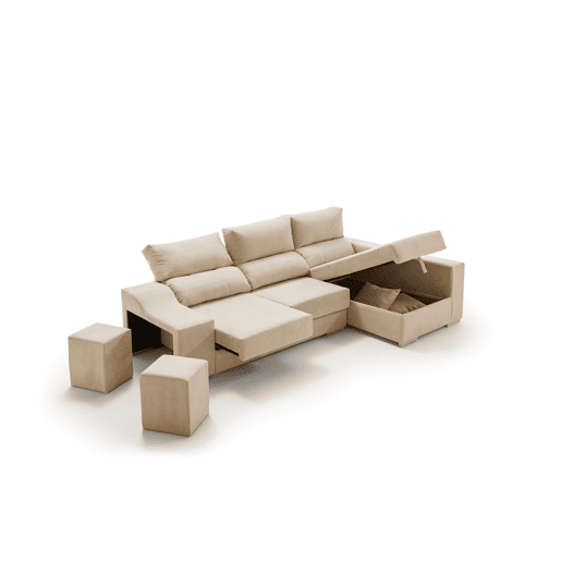 Sofá chaise longue Amethyst 225 bege com pufes e espaço de armazenamento.