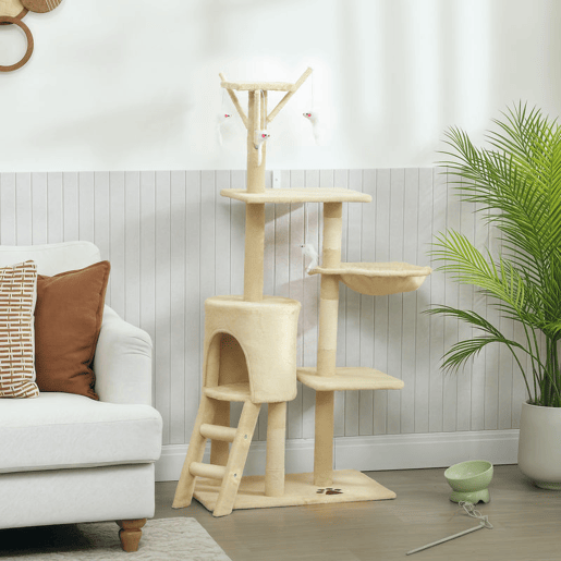PawHut Arranhador para Gatos de 134 cm Torre para Gatos com Caverna Plataformas Rato de Brinquedo Rede e Postes de Sisal 60x35x134 cm Bege
